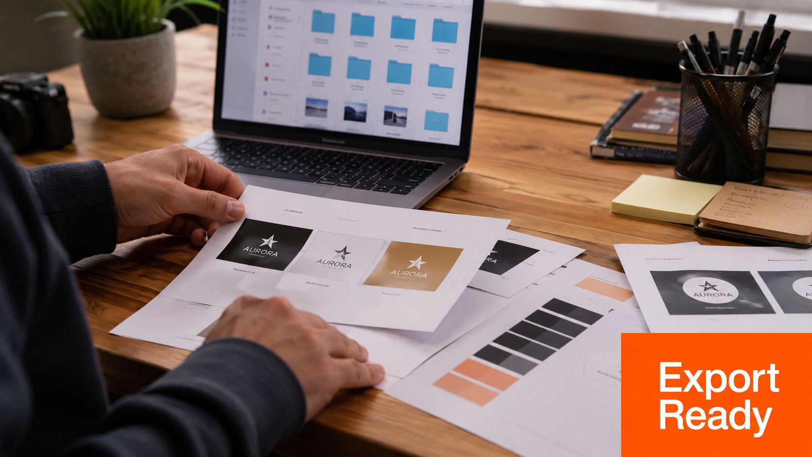 A designer holds a paper with multiple logo concepts for a brand named Aurora at their desk.
