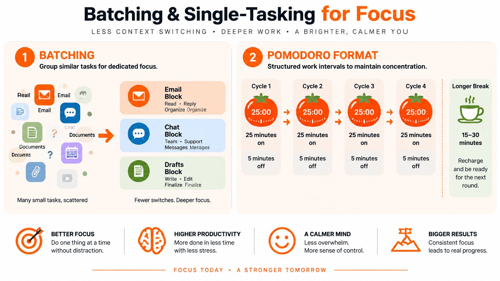 An infographic detailing productivity strategies including task batching and the Pomodoro technique to improve focus.
