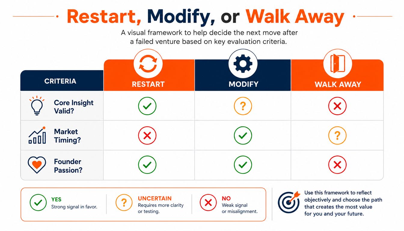 A decision framework chart for entrepreneurs to decide whether to restart, modify, or walk away from ventures.