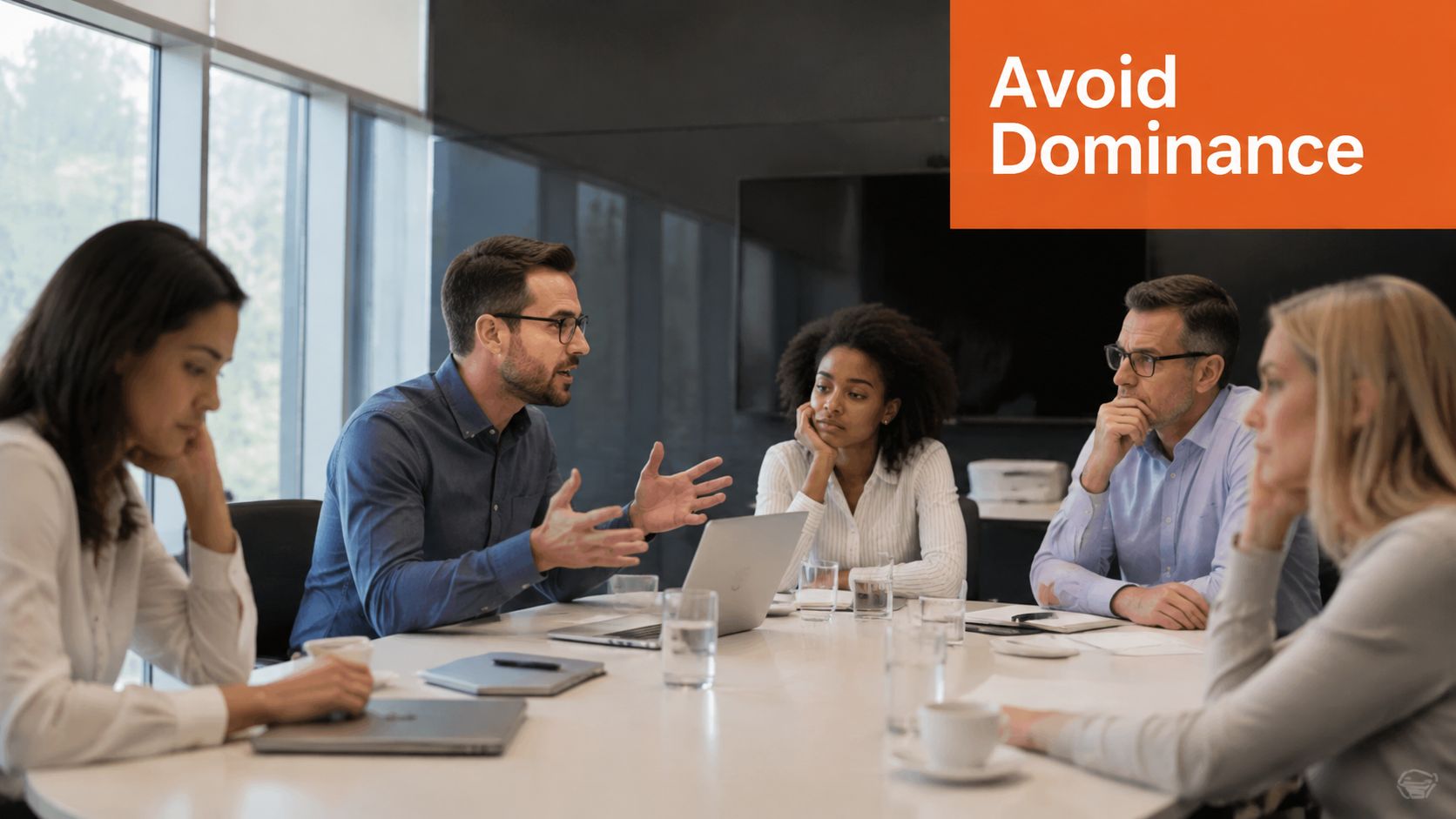 A professional team sitting at a conference table during a collaborative business meeting in an office.
