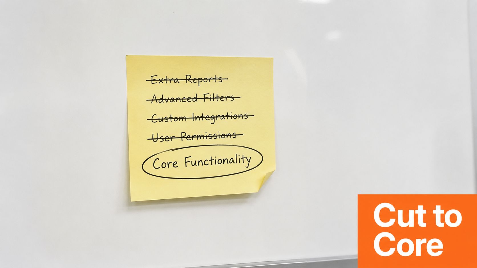 A yellow sticky note on a white board with crossed out features highlighted with Core Functionality.