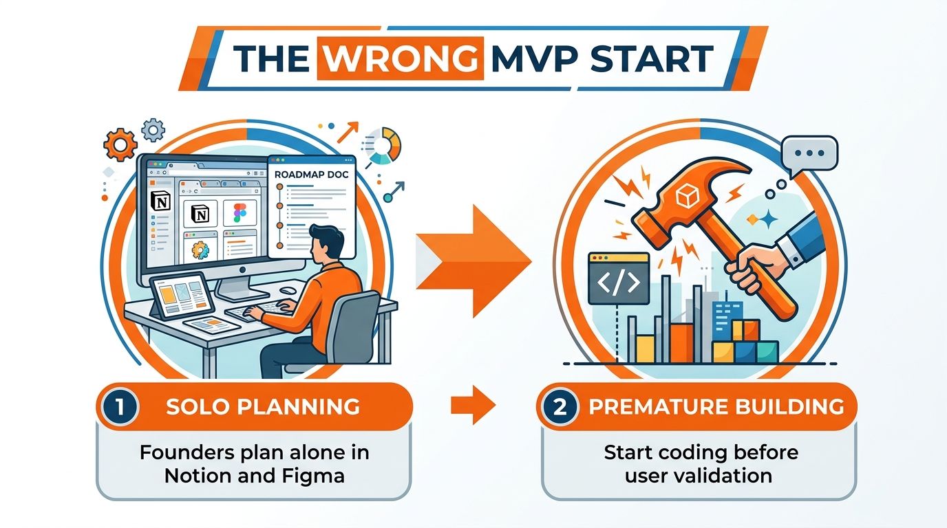 A diagram illustrating the wrong MVP start with solo planning in Notion followed by premature product building.