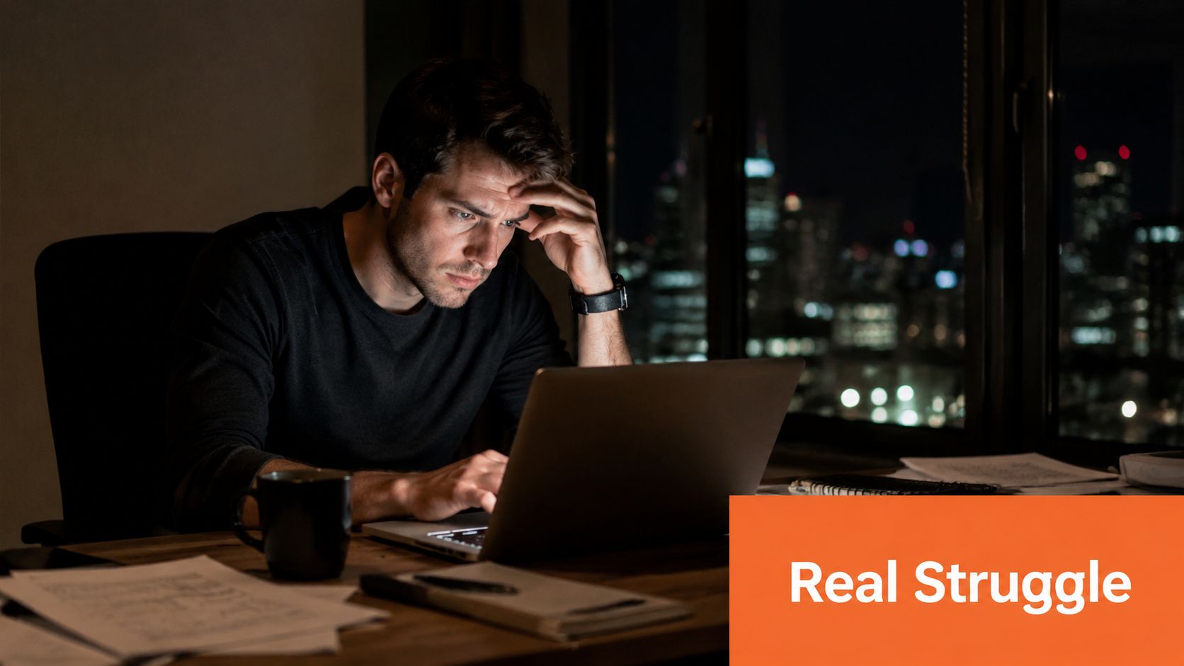 A focused man working on his laptop late at night in a dim office with city lights.