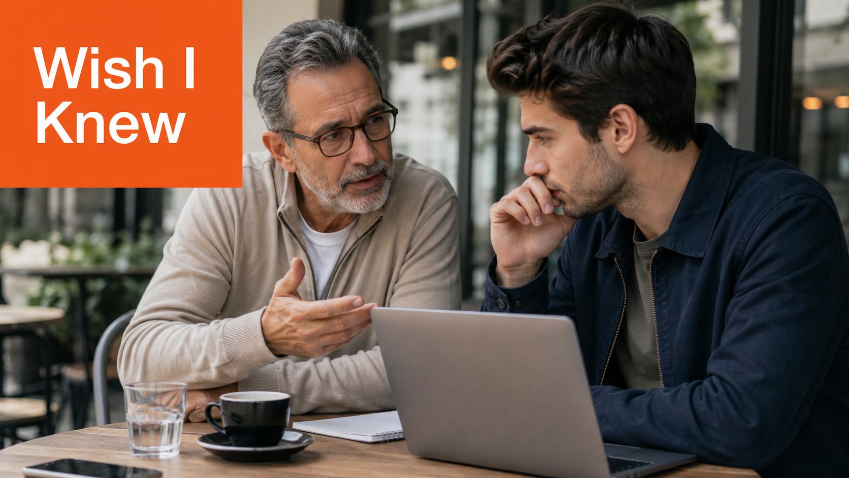 An older mentor and a younger man having a serious conversation while working on a laptop outdoors.