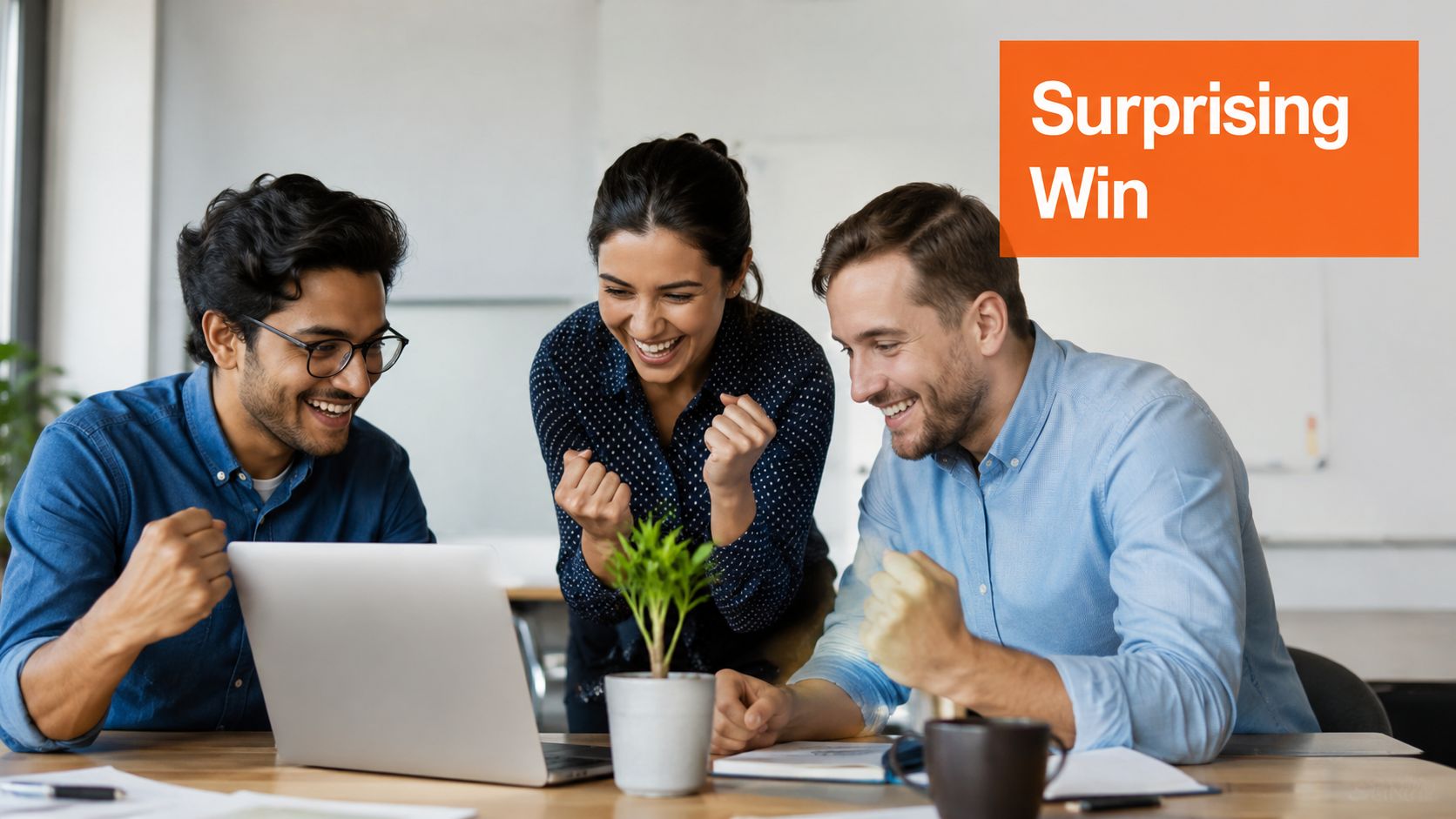 Three happy office colleagues cheering and celebrating a surprising win while looking at a laptop screen.