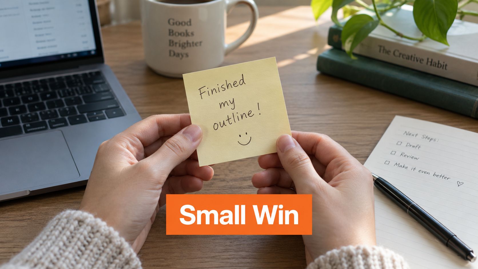 A person holding a yellow sticky note that says Finished my outline with a hand-drawn smile.