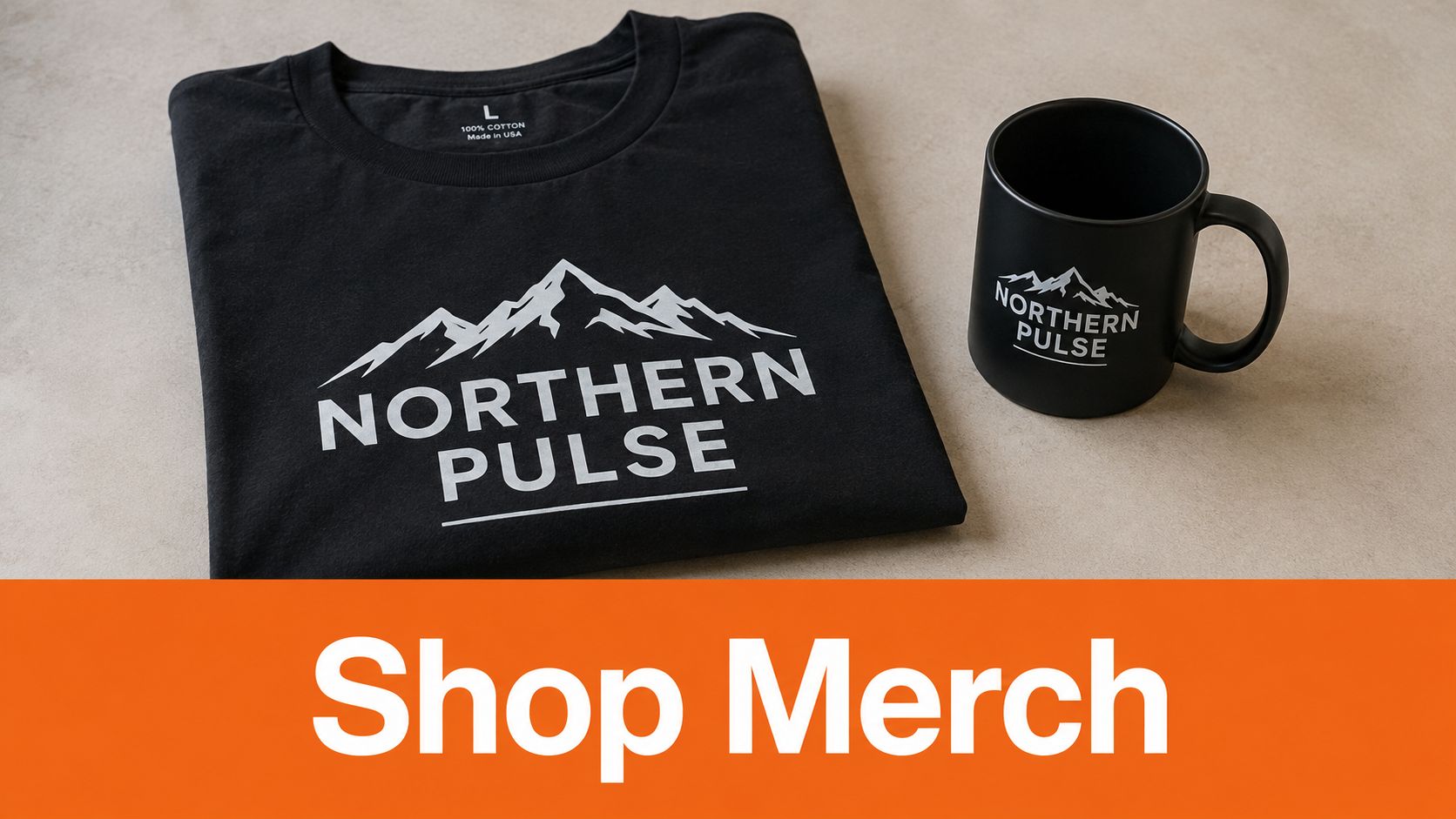 A black t-shirt and a matching black coffee mug displaying the Northern Pulse mountain logo design.
