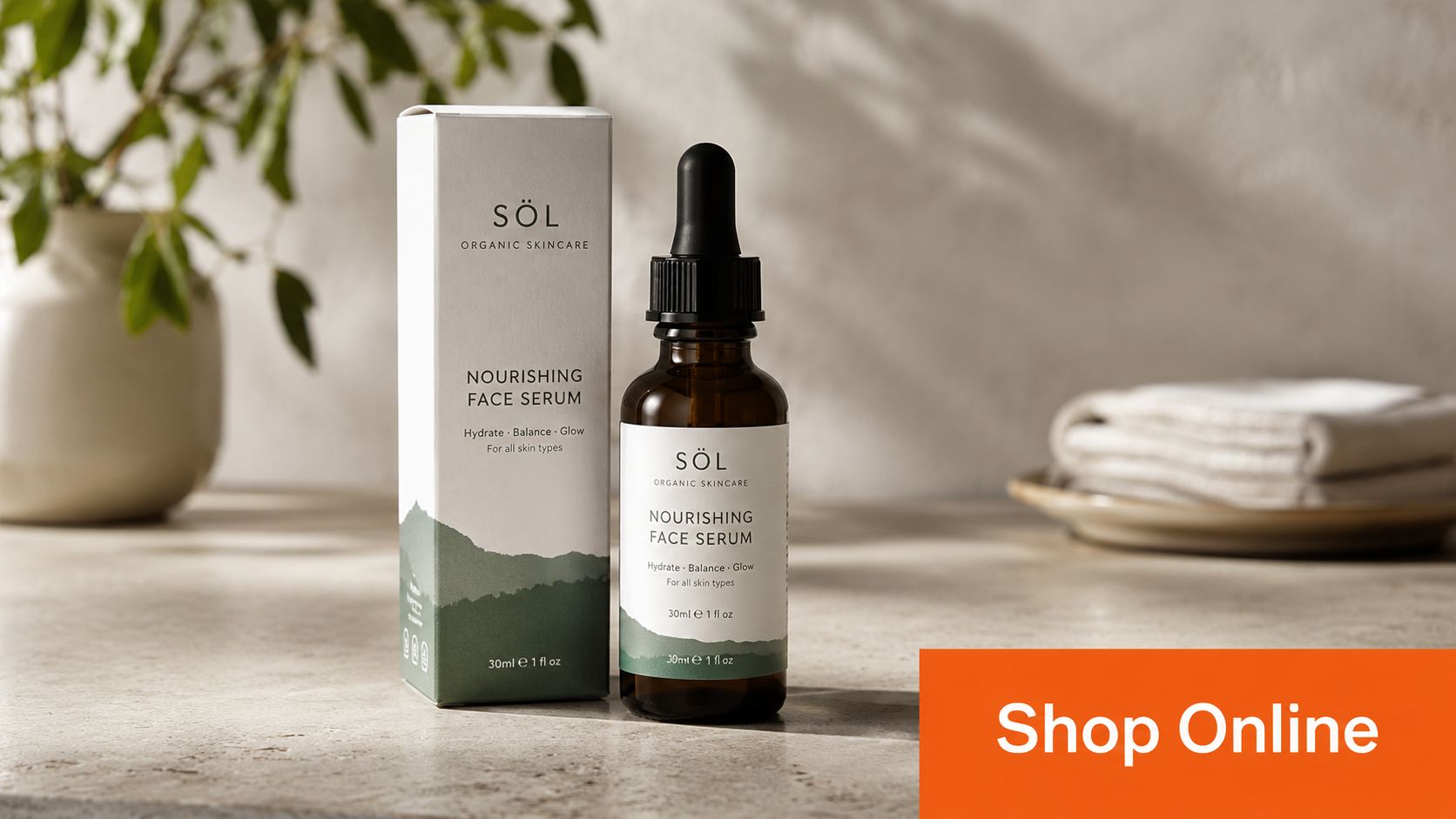 A glass dropper bottle and matching box of Söl Organic Nourishing Face Serum on a stone surface.