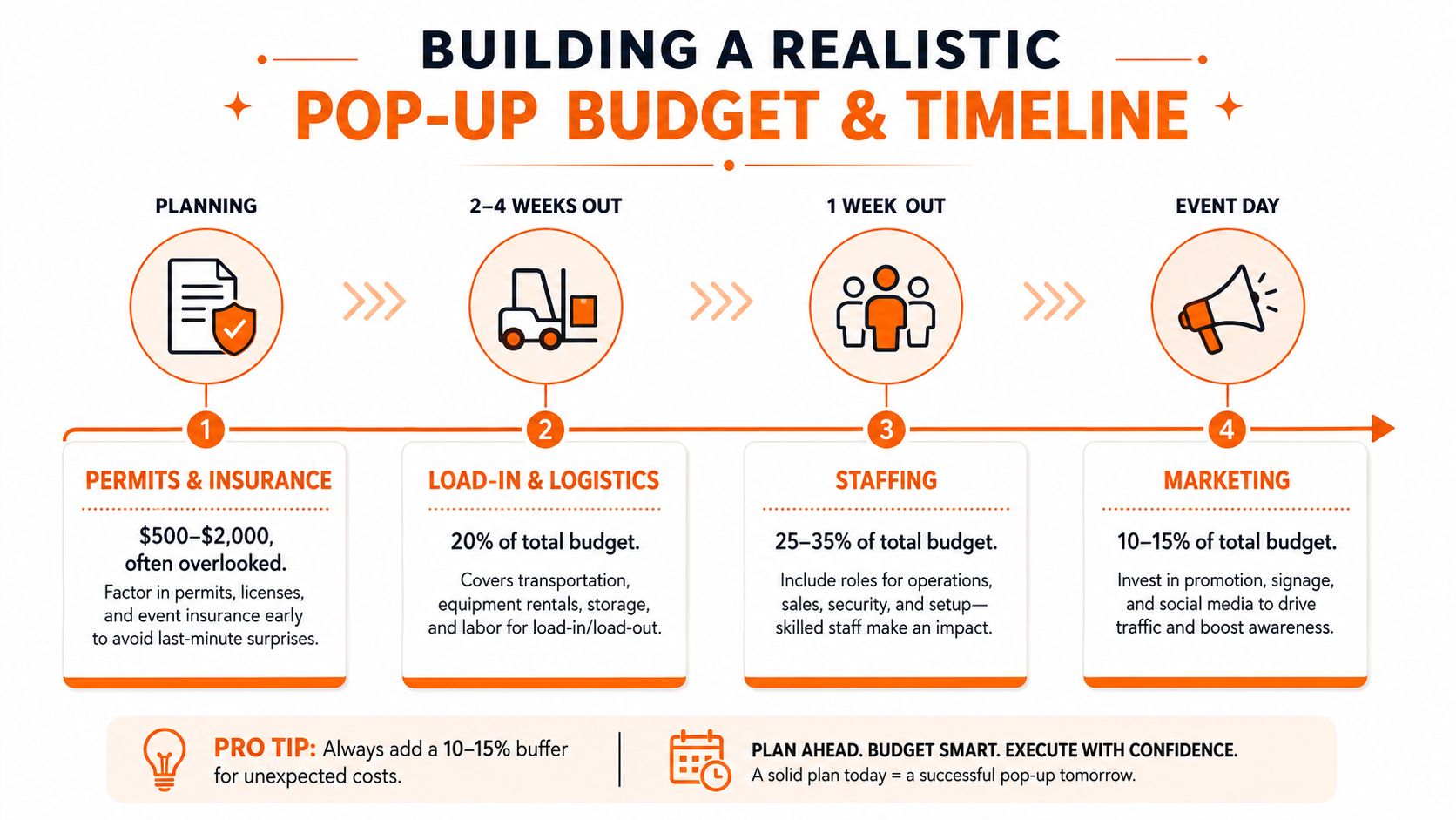An infographic showing the timeline and budget breakdown for planning a successful pop-up retail event.