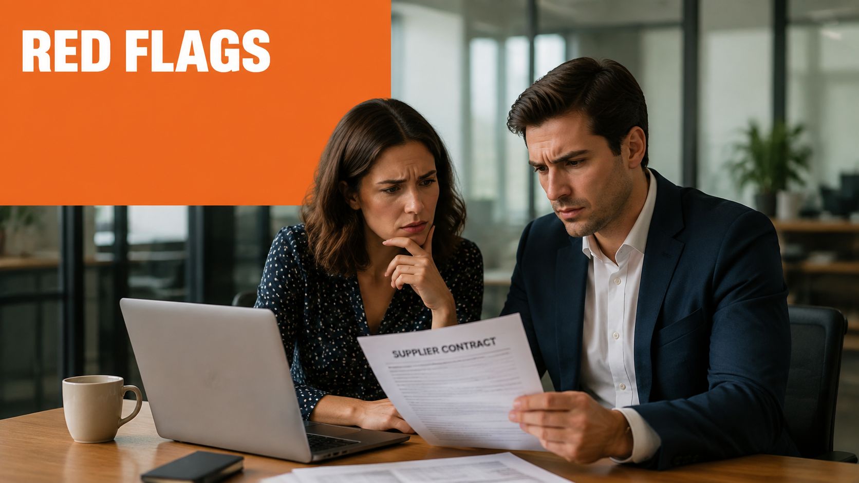 A professional man and woman looking concerned while reviewing a supplier contract together at an office desk.