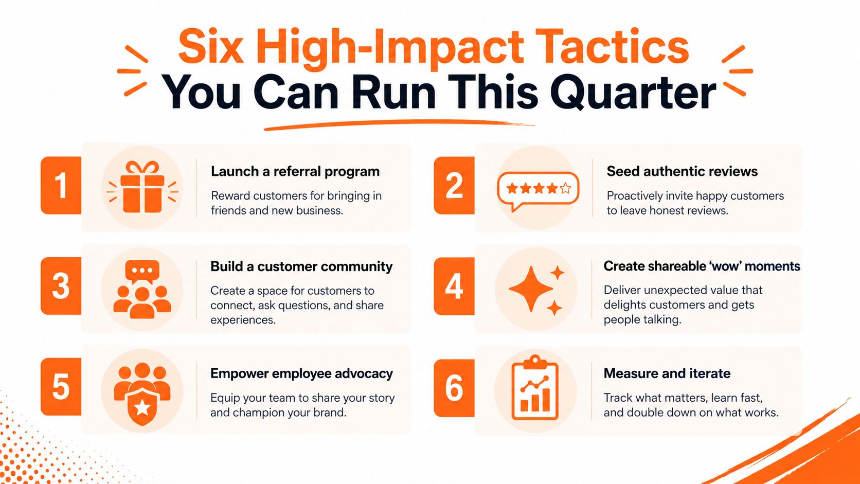 A graphic titled Six High-Impact Tactics You Can Run This Quarter listing six business growth strategies.