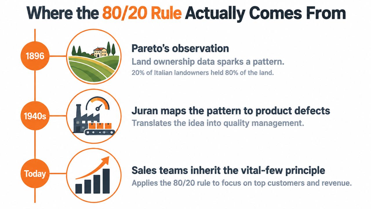 A timeline graphic showing the origins and evolution of the 80/20 rule from 1896 to today.
