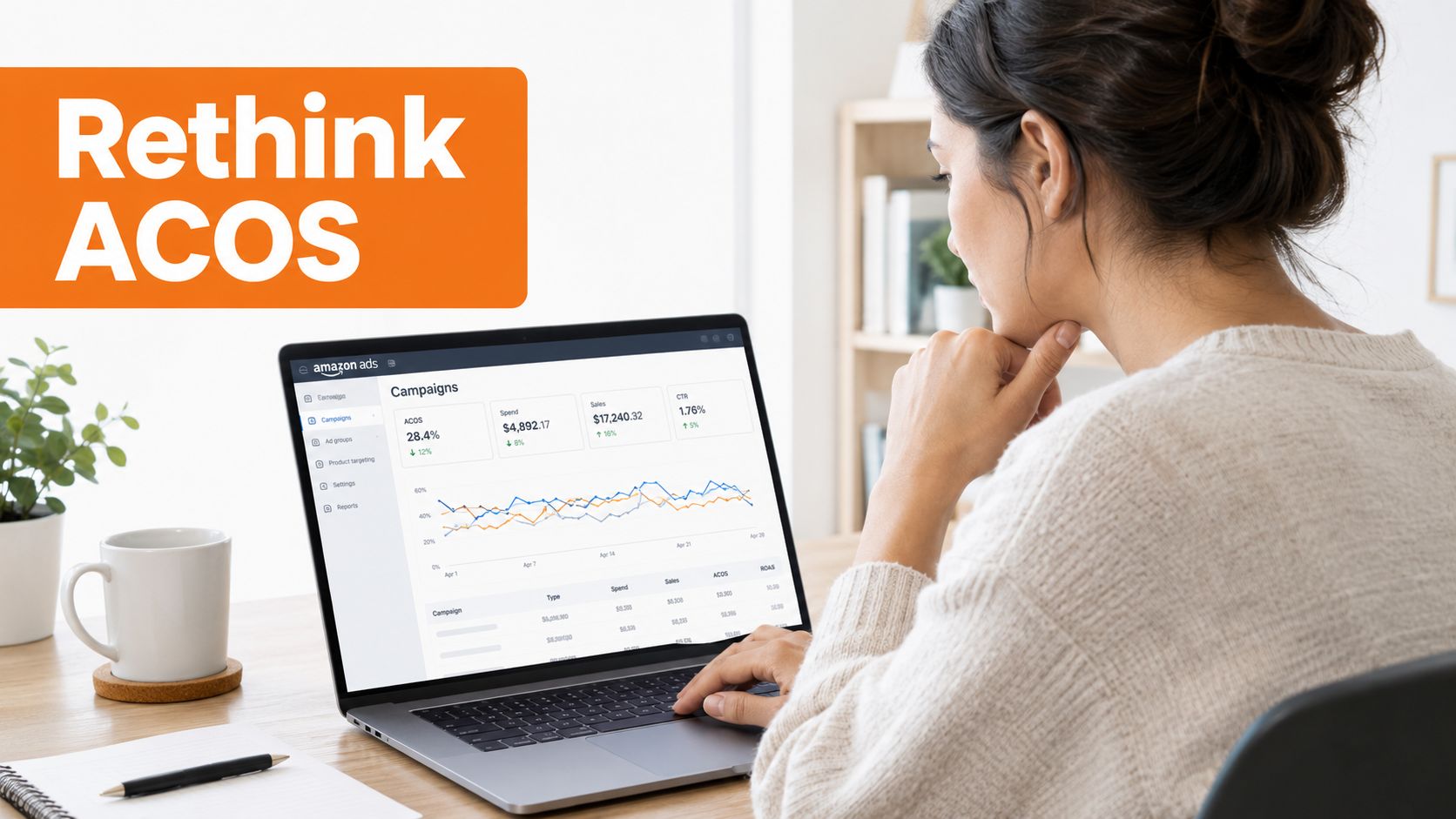 A woman reviewing her Amazon advertising campaign performance metrics on a laptop screen at her wooden desk.