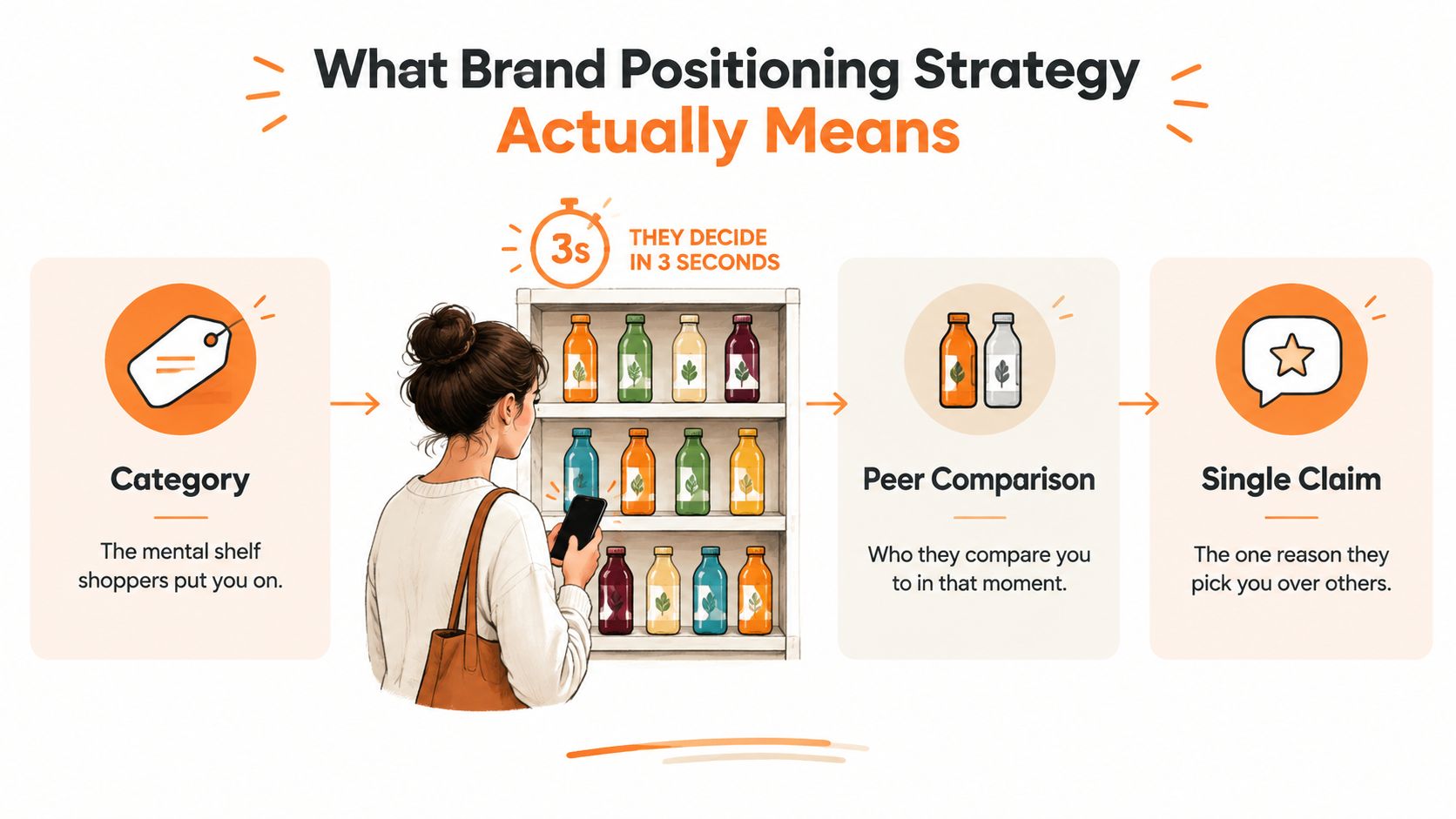 A diagram explaining brand positioning strategy through a consumer's decision-making process at a retail store shelf.