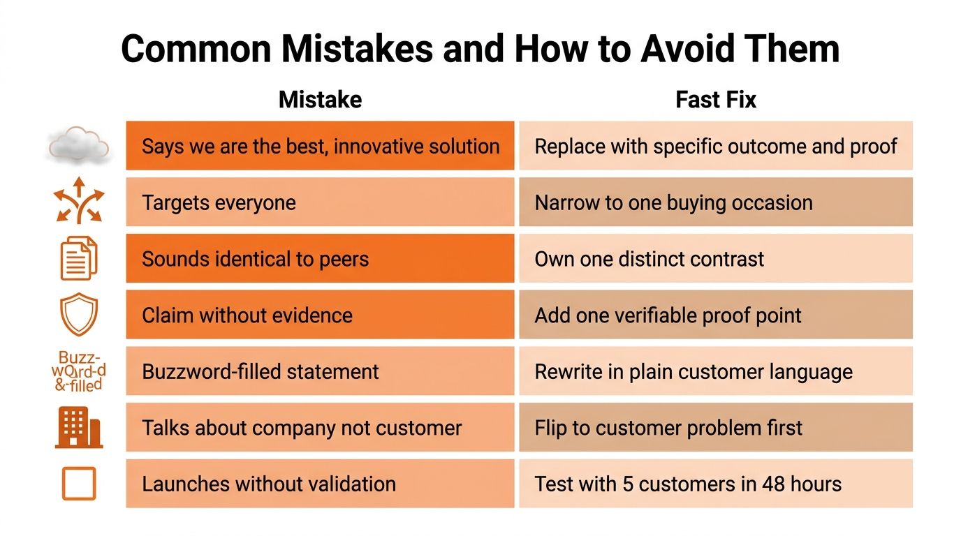 A chart showing common marketing mistakes and their corresponding quick fixes for improved brand positioning and communication.