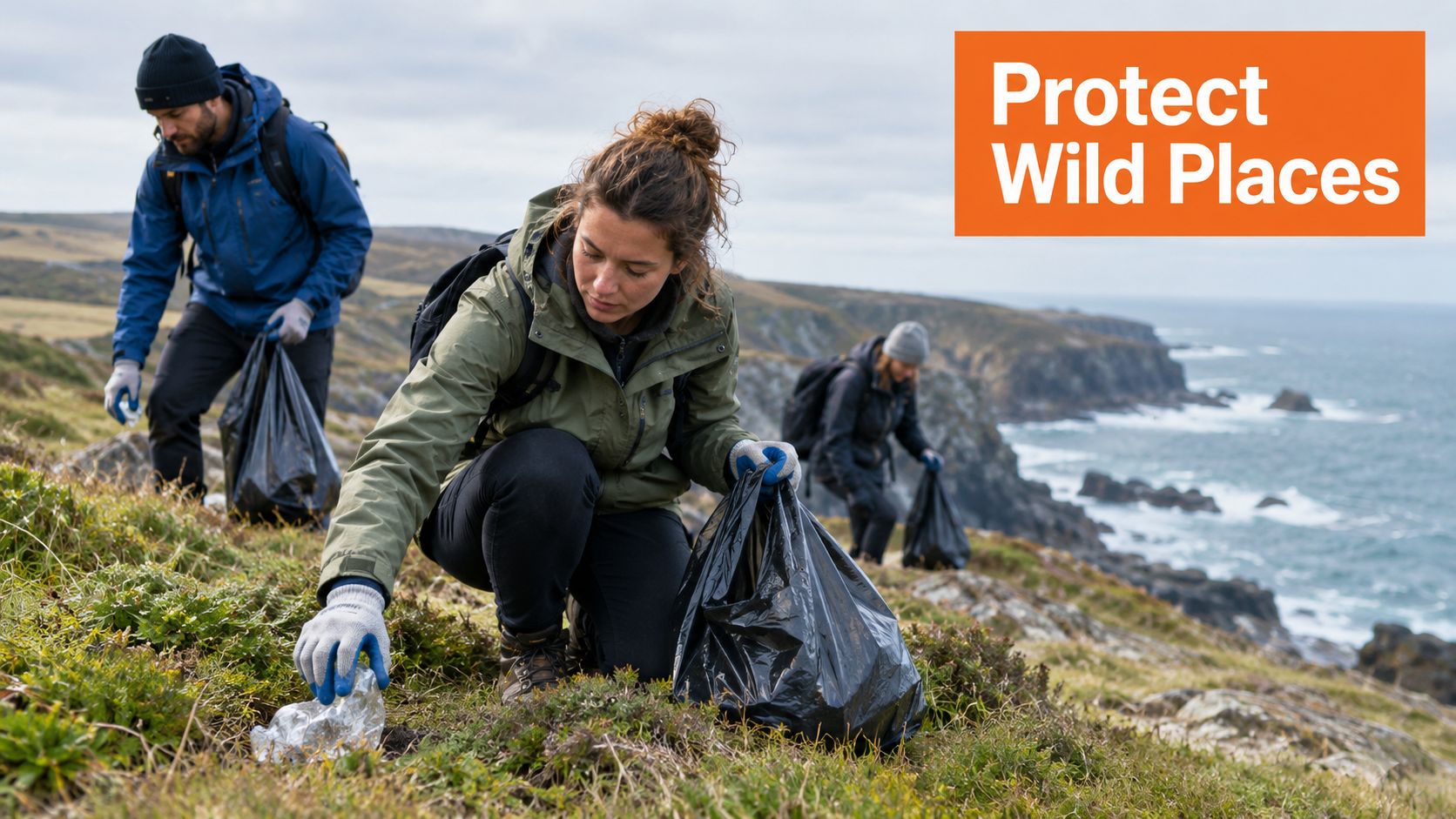 A group of volunteers cleaning up litter from a grassy coastal cliff to protect the environment.