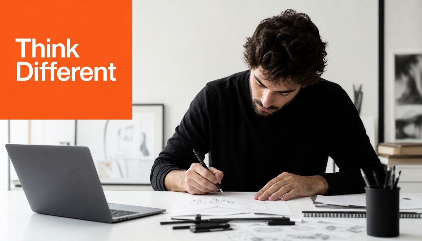 A young creative designer sitting at a desk and sketching ideas on paper near a laptop.