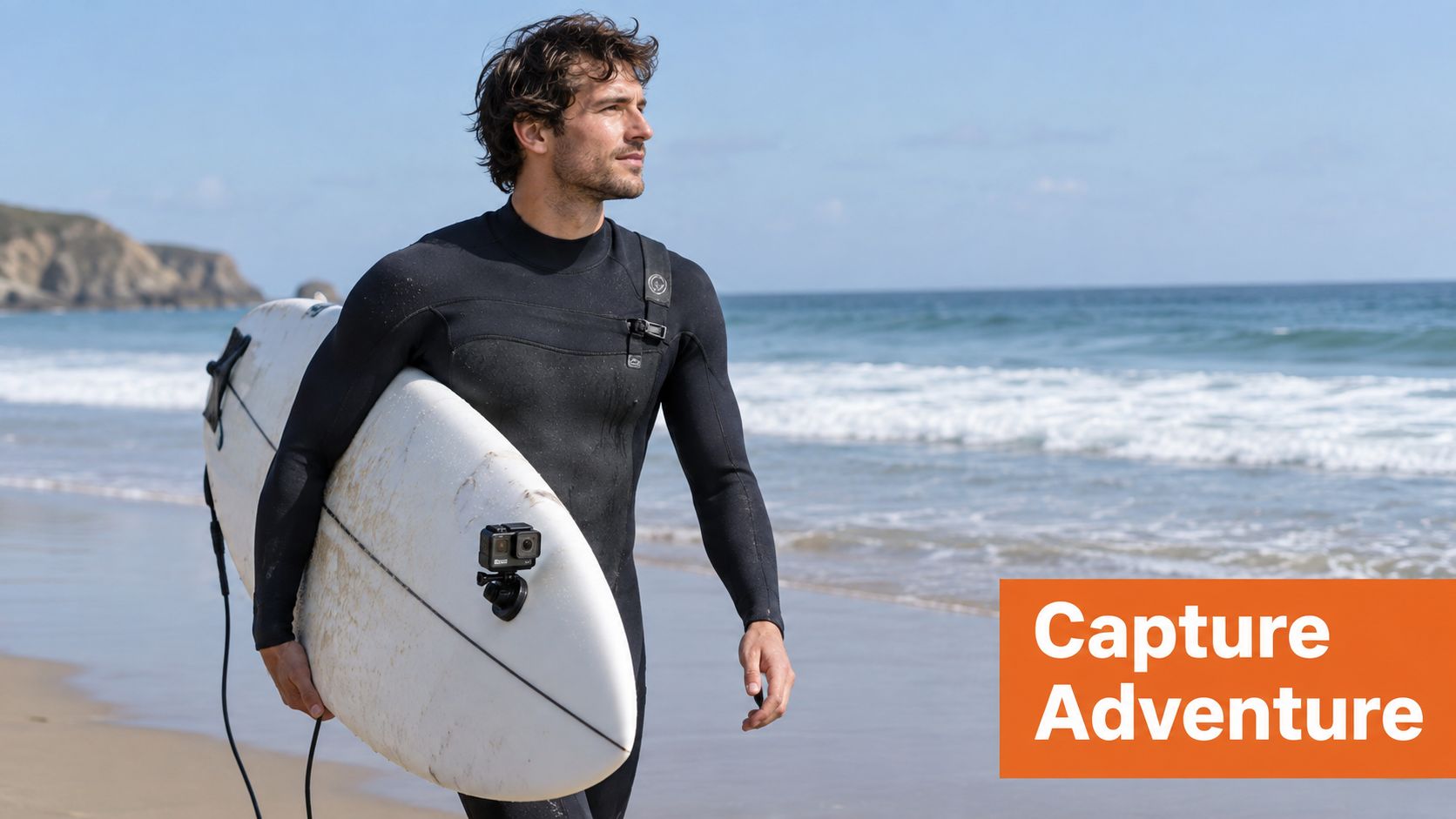 A fit surfer walking on a sunny beach carrying a surfboard with a mounted action camera.