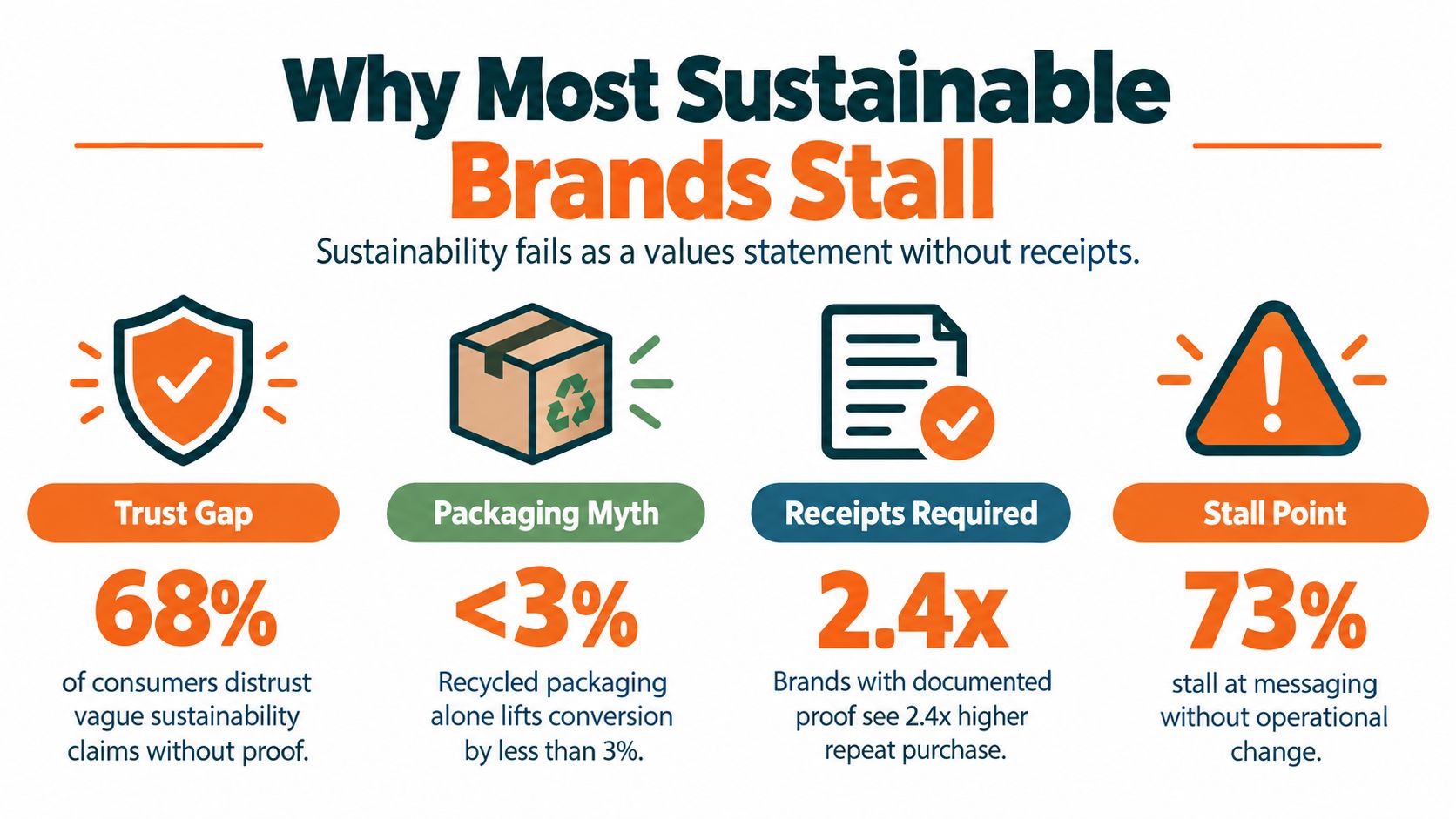 An infographic titled Why Most Sustainable Brands Stall, detailing consumer distrust and the necessity of operational proof.