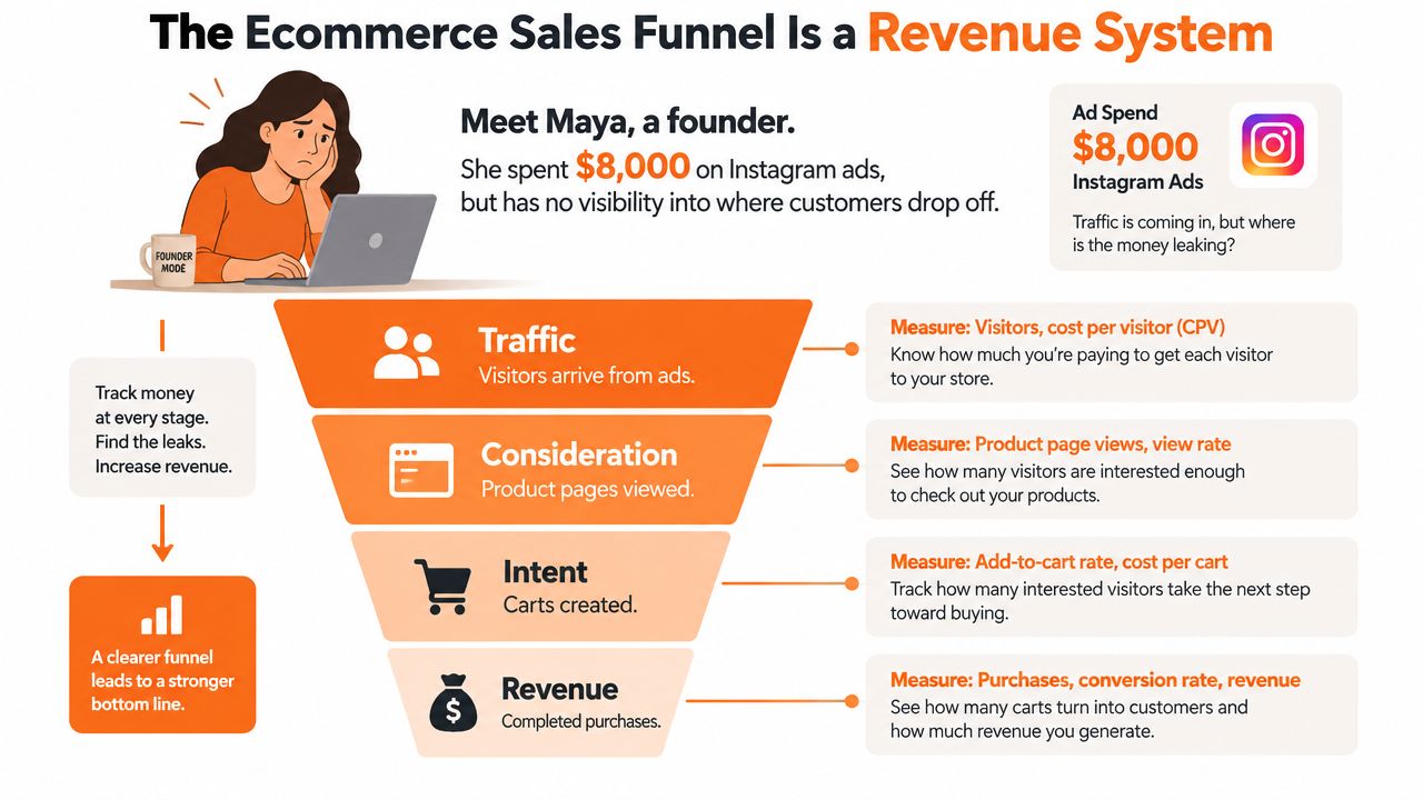 An infographic visualizing an ecommerce sales funnel showing stages of traffic, consideration, intent, and revenue.