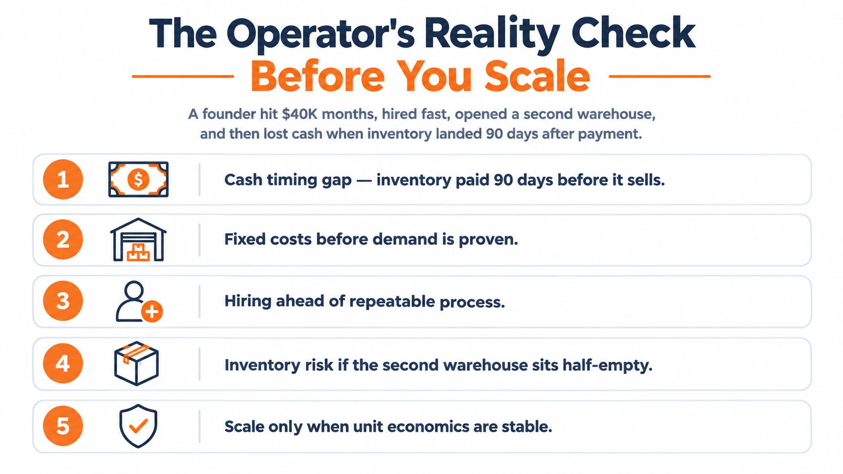 An infographic titled The Operator's Reality Check Before You Scale listing five essential business growth considerations.