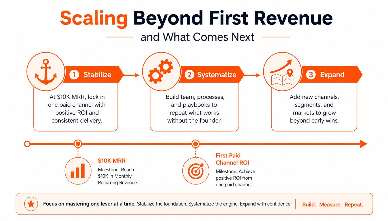 A strategic business roadmap titled Scaling Beyond First Revenue illustrating the stages of stabilize, systematize, and expand.