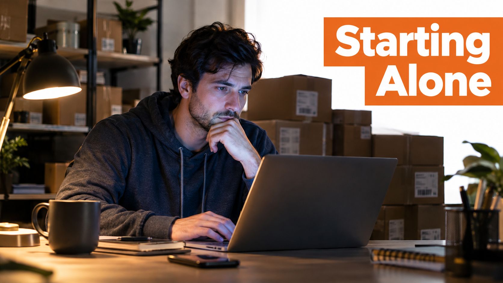 A focused man working alone on a laptop in a dimly lit office with shipping boxes.