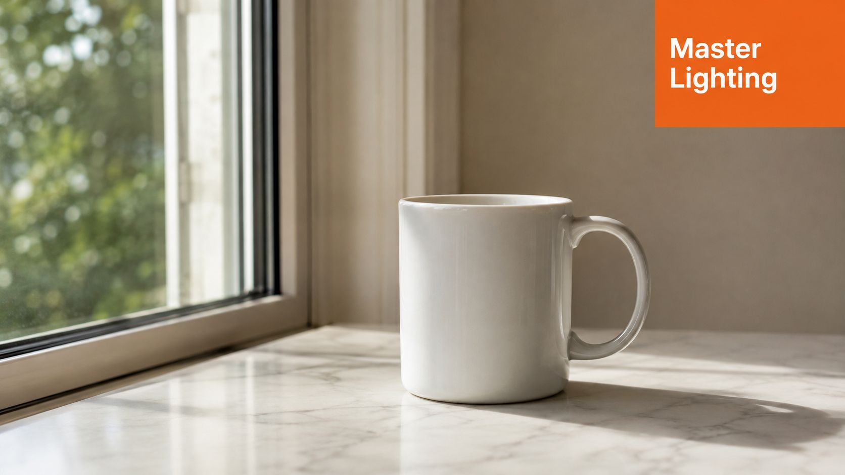 A clean white ceramic mug placed on a marble windowsill bathed in soft natural morning sunlight.