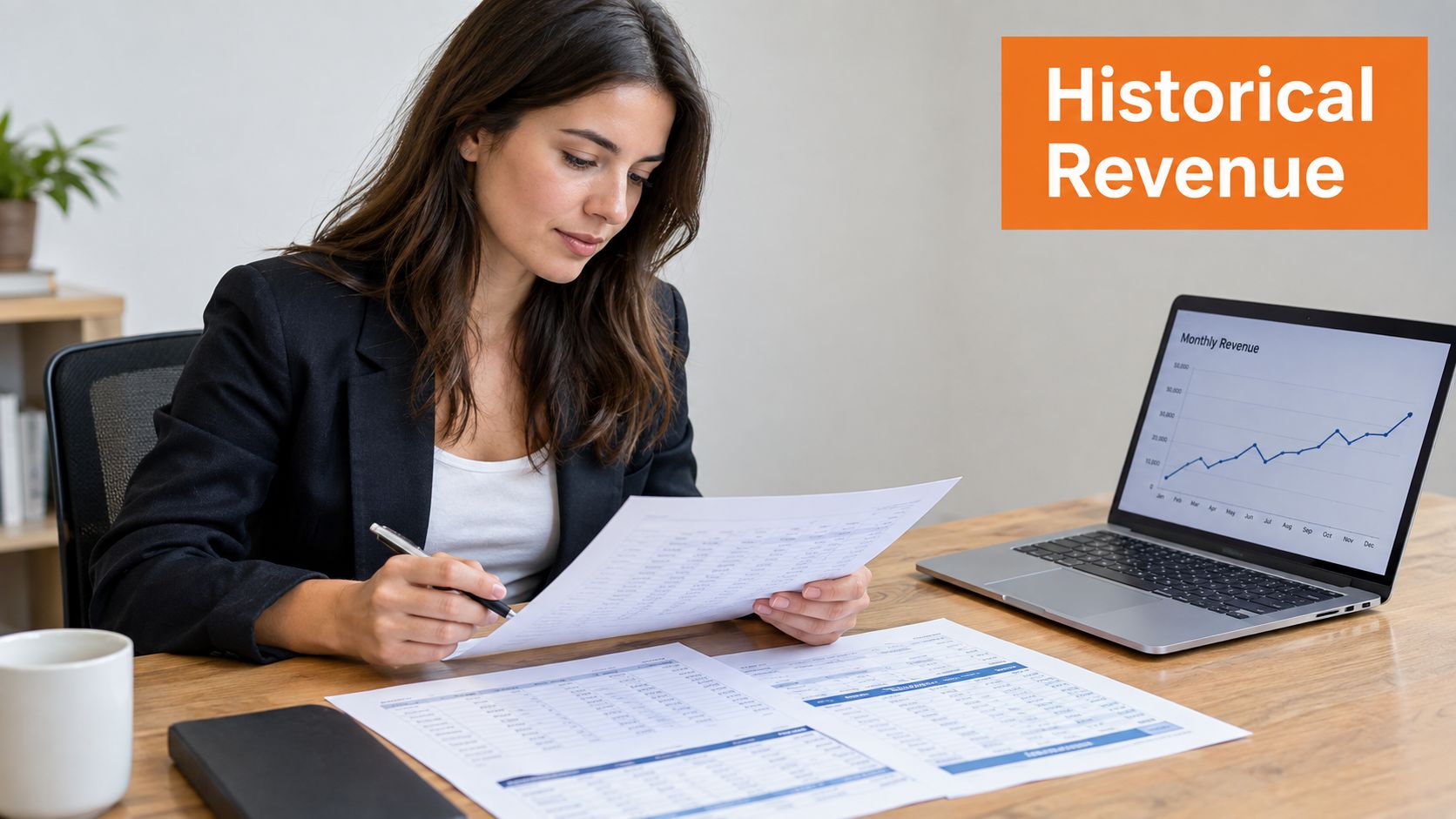 A professional woman in a suit sitting at a desk reviewing financial documents and revenue growth charts.