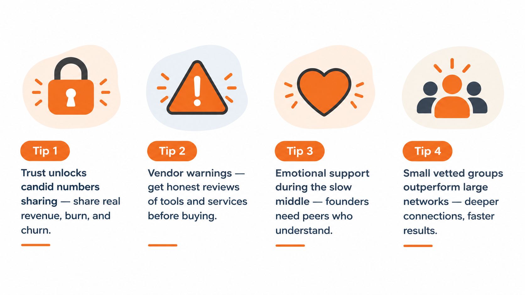An infographic showing four business growth tips featuring icons for trust, vendor warnings, emotional support, and small groups.