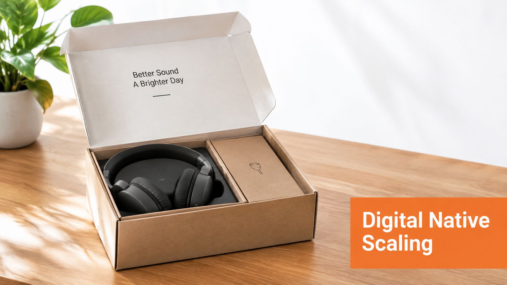 A pair of black wireless headphones in an open brown cardboard shipping box on a wooden desk.