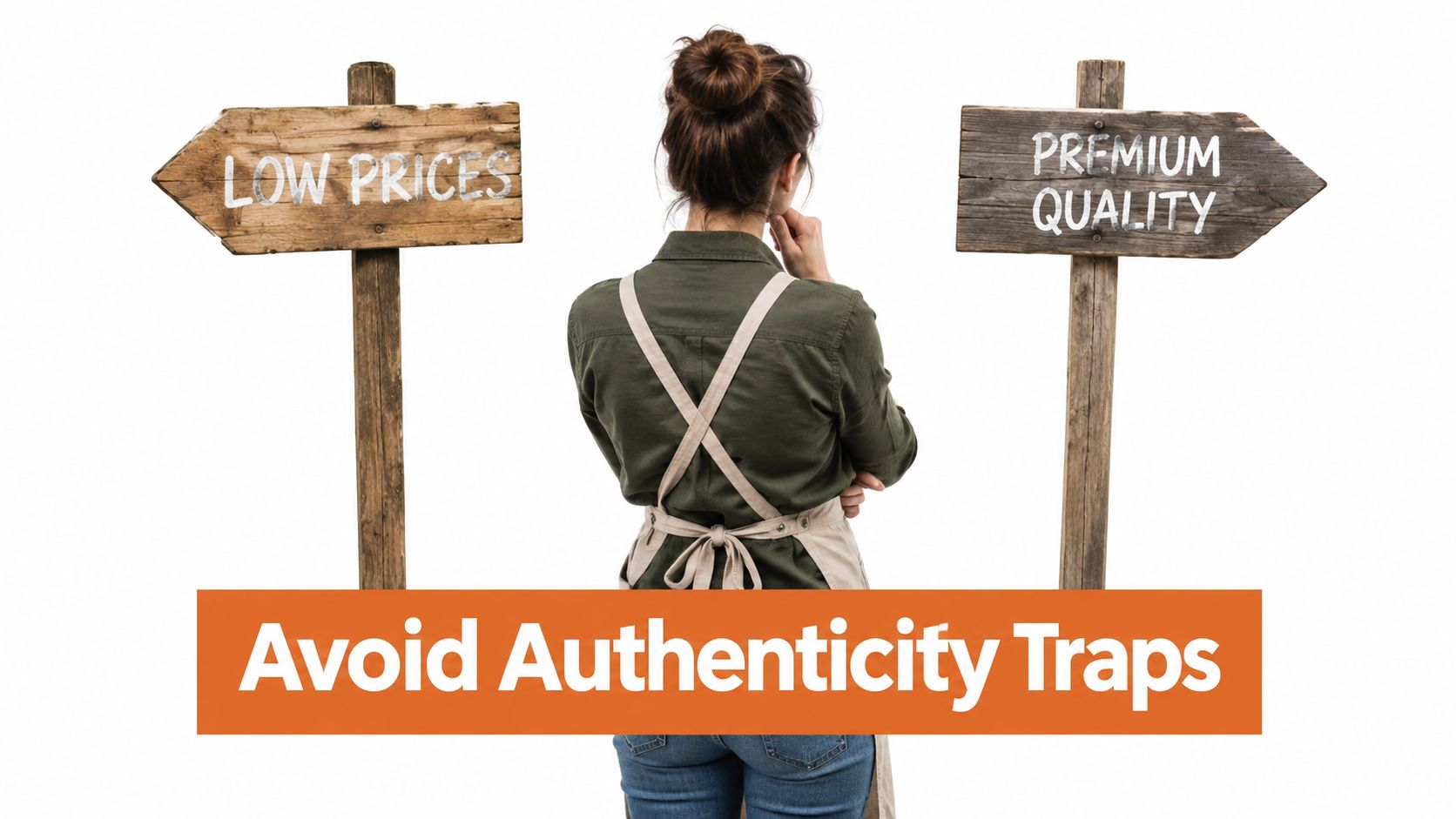 A person standing between wooden signposts choosing between low prices and premium quality brand options.