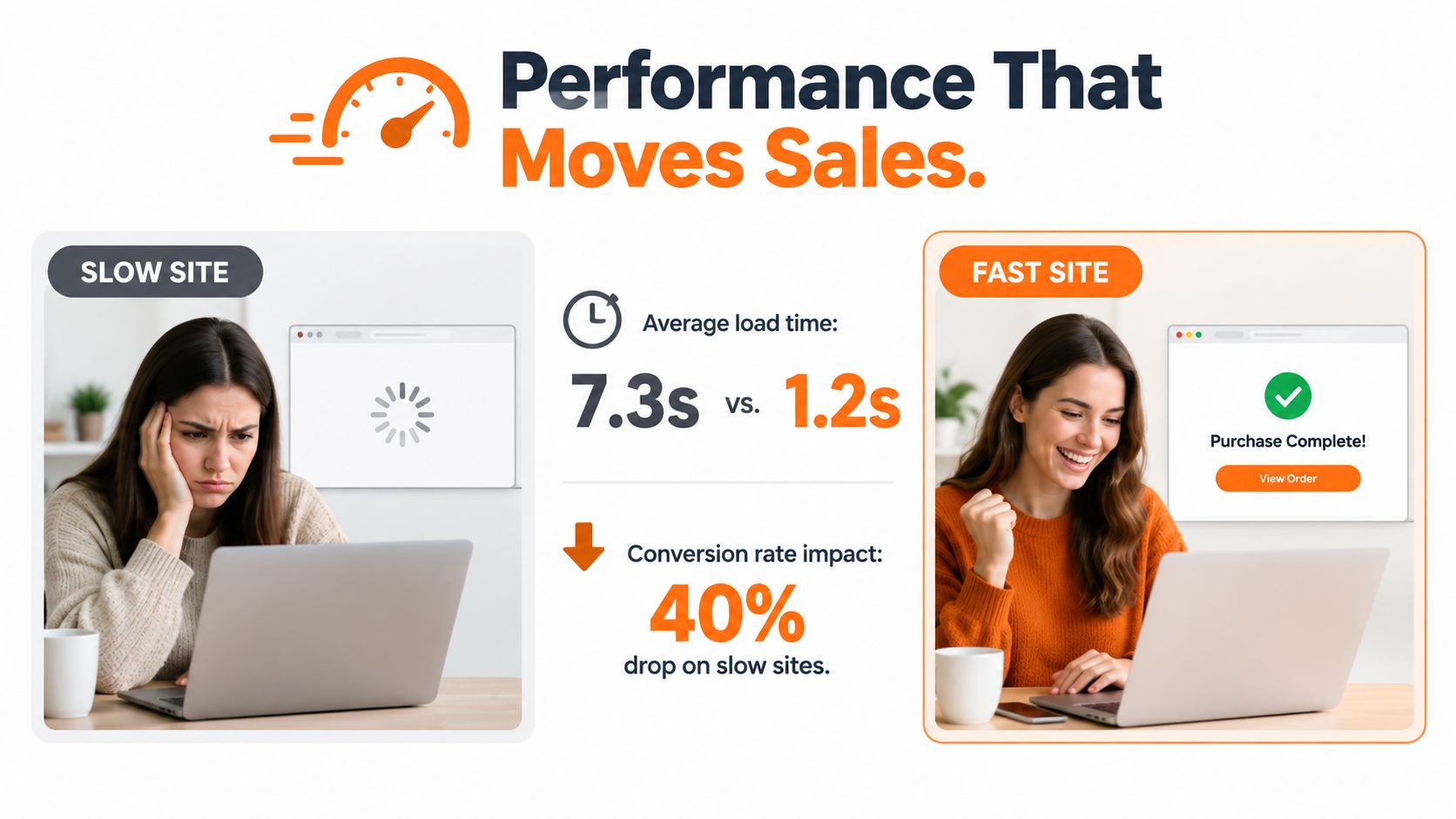 A comparison showing how a slow website load time of 7.3s negatively impacts conversion rates compared to 1.2s.