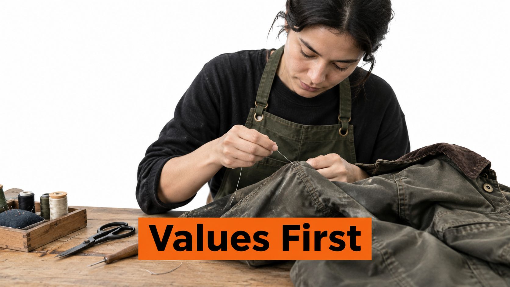 A skilled artisan repairing a waxed jacket with needle and thread, emphasizing high quality craftsmanship.