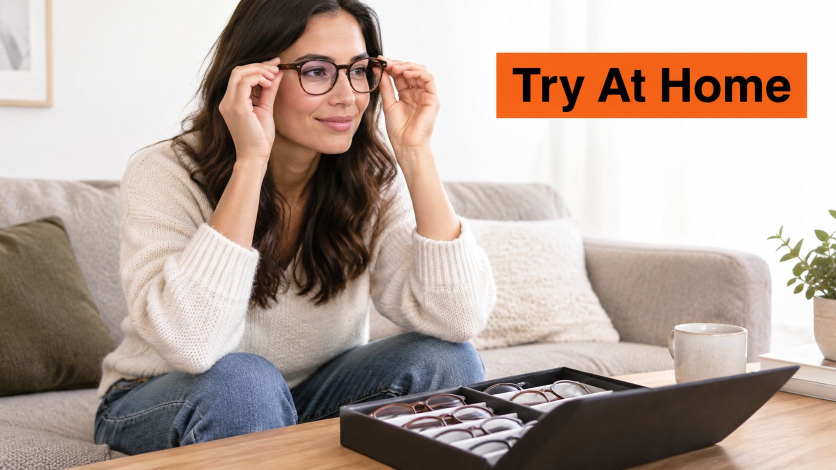 A smiling woman sitting on a couch at home trying on new eyeglasses from a selection box.