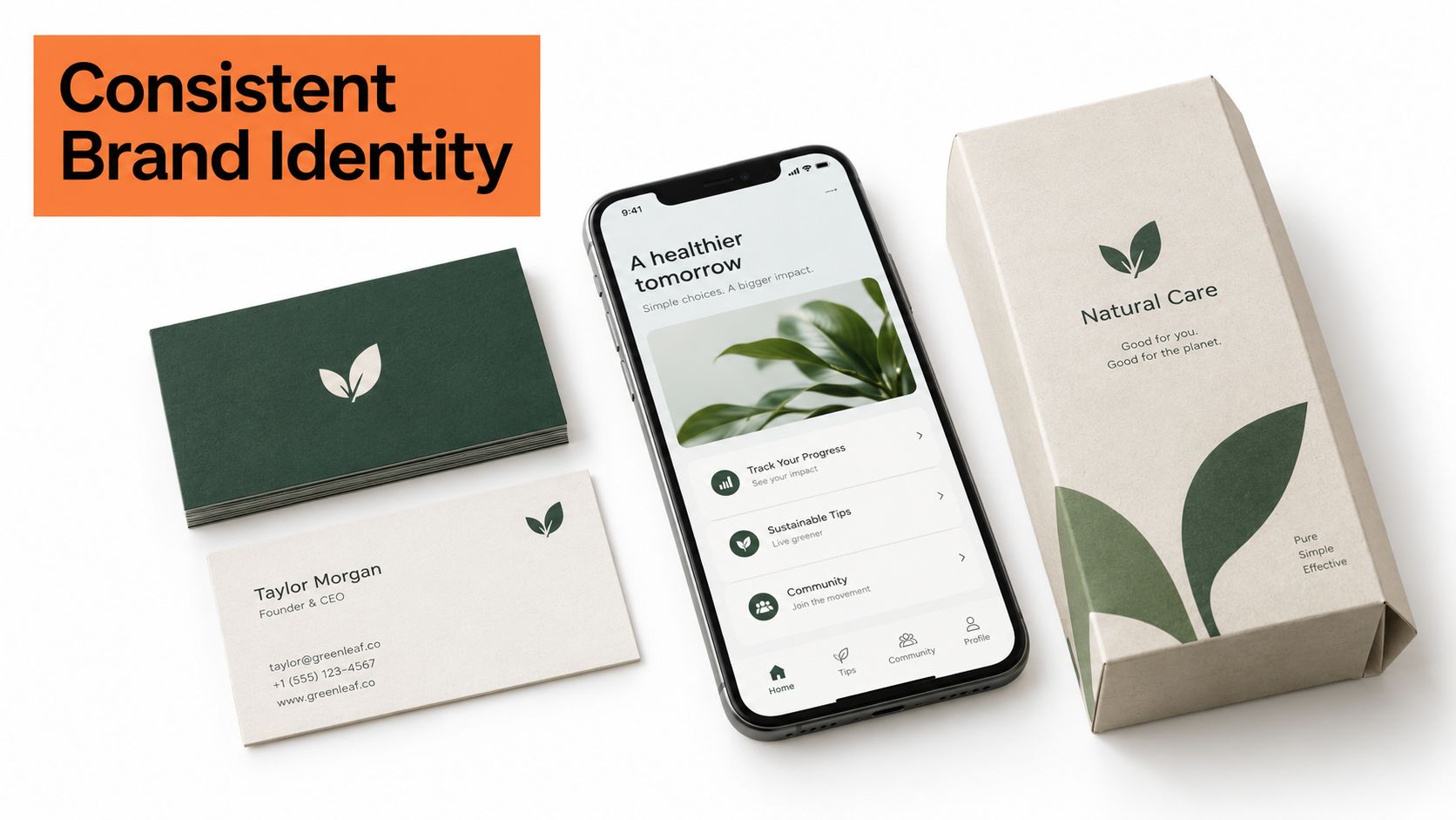 A smartphone app, business cards, and product packaging featuring a consistent green leaf brand identity and logo.