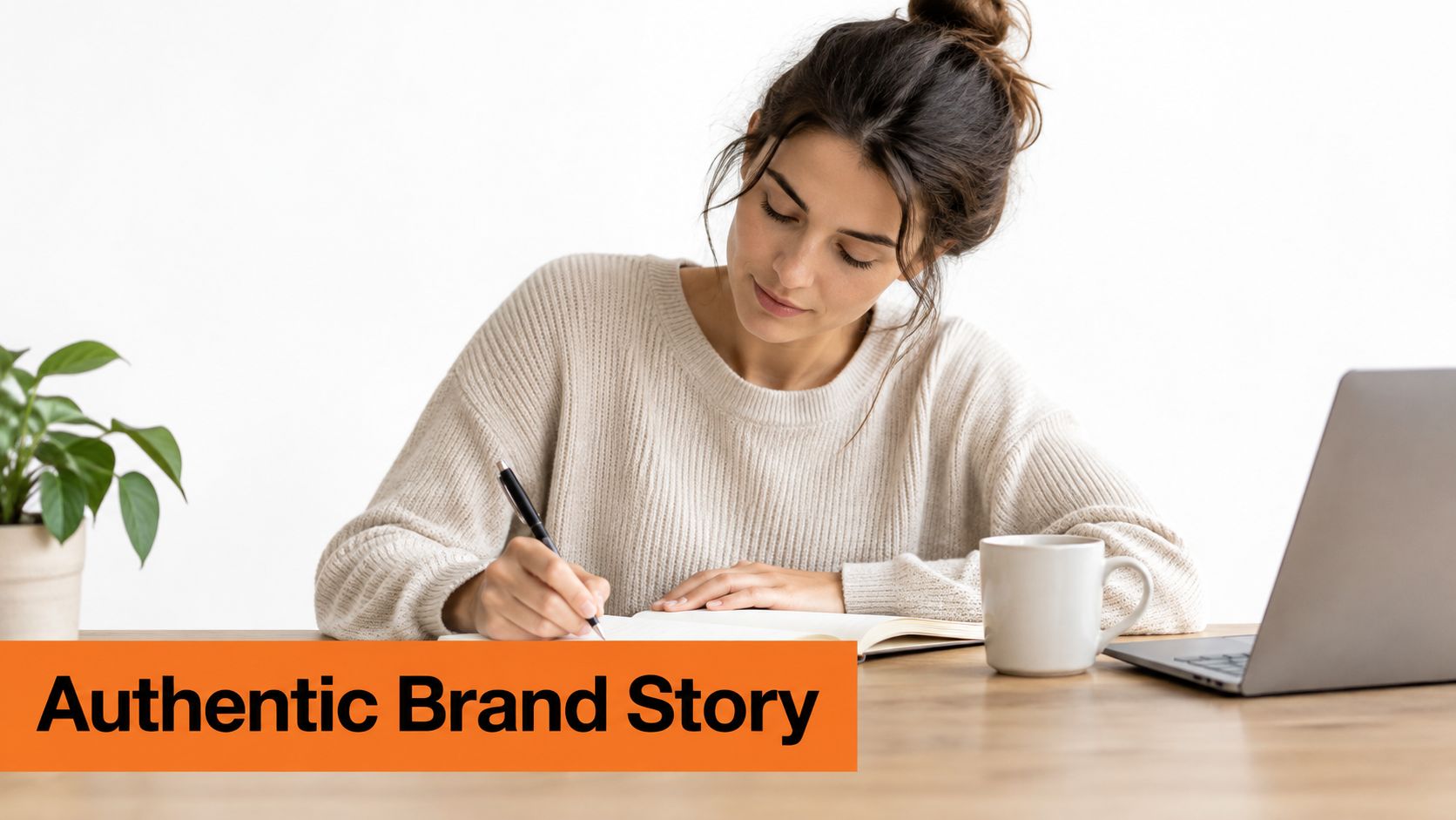 A woman writing in a notebook next to a laptop and a houseplant, focused on brand building.