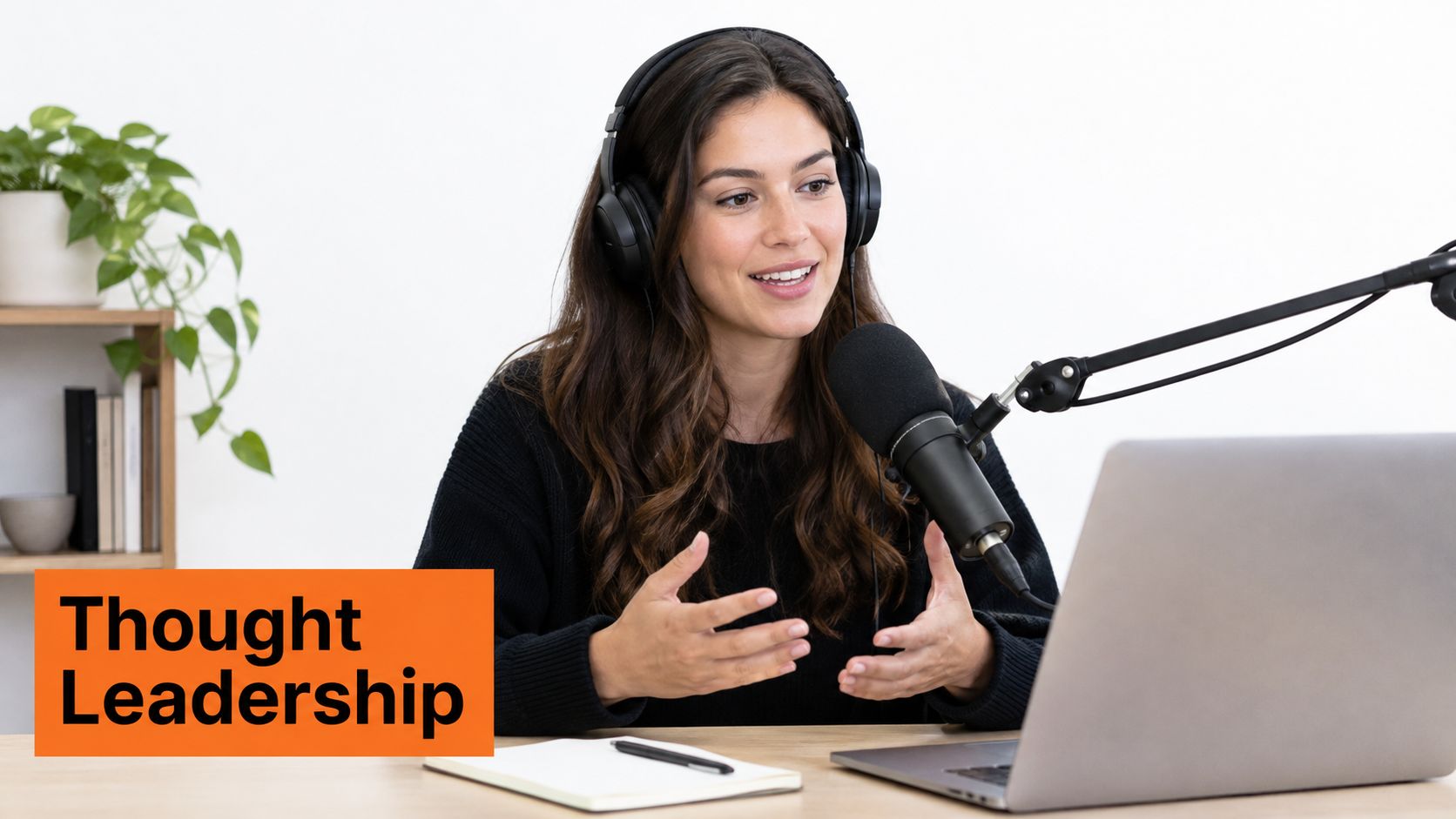 A woman wearing headphones speaks into a microphone while hosting a podcast in a professional office setting.