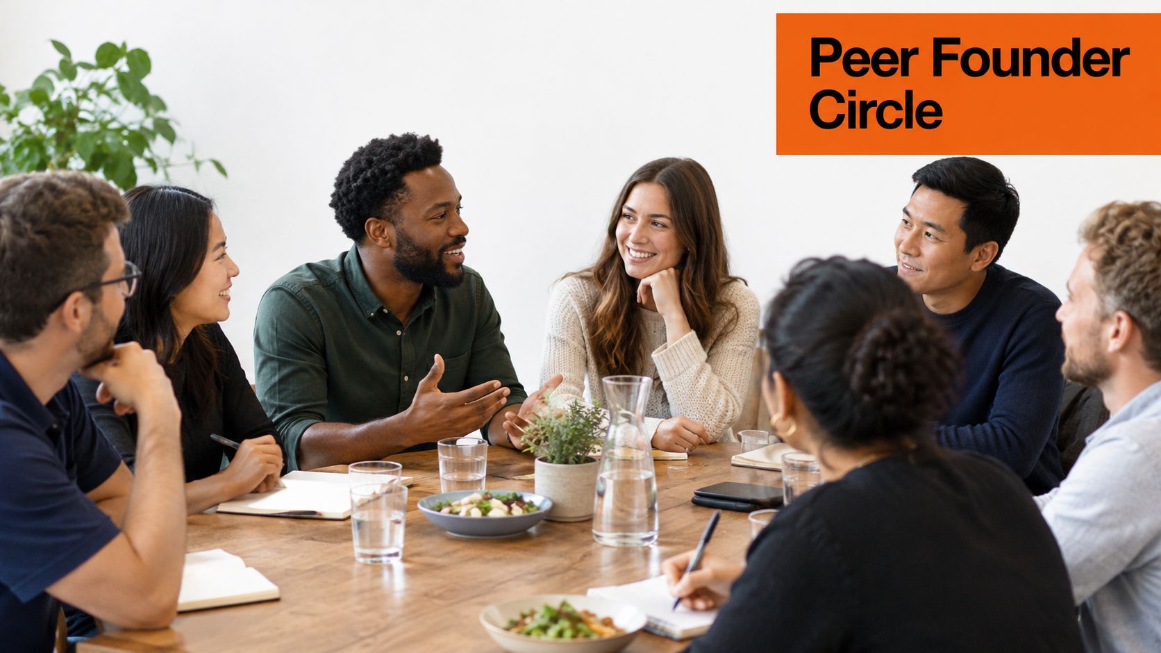 A diverse group of professional founders sitting around a wooden table in a brightly lit meeting.