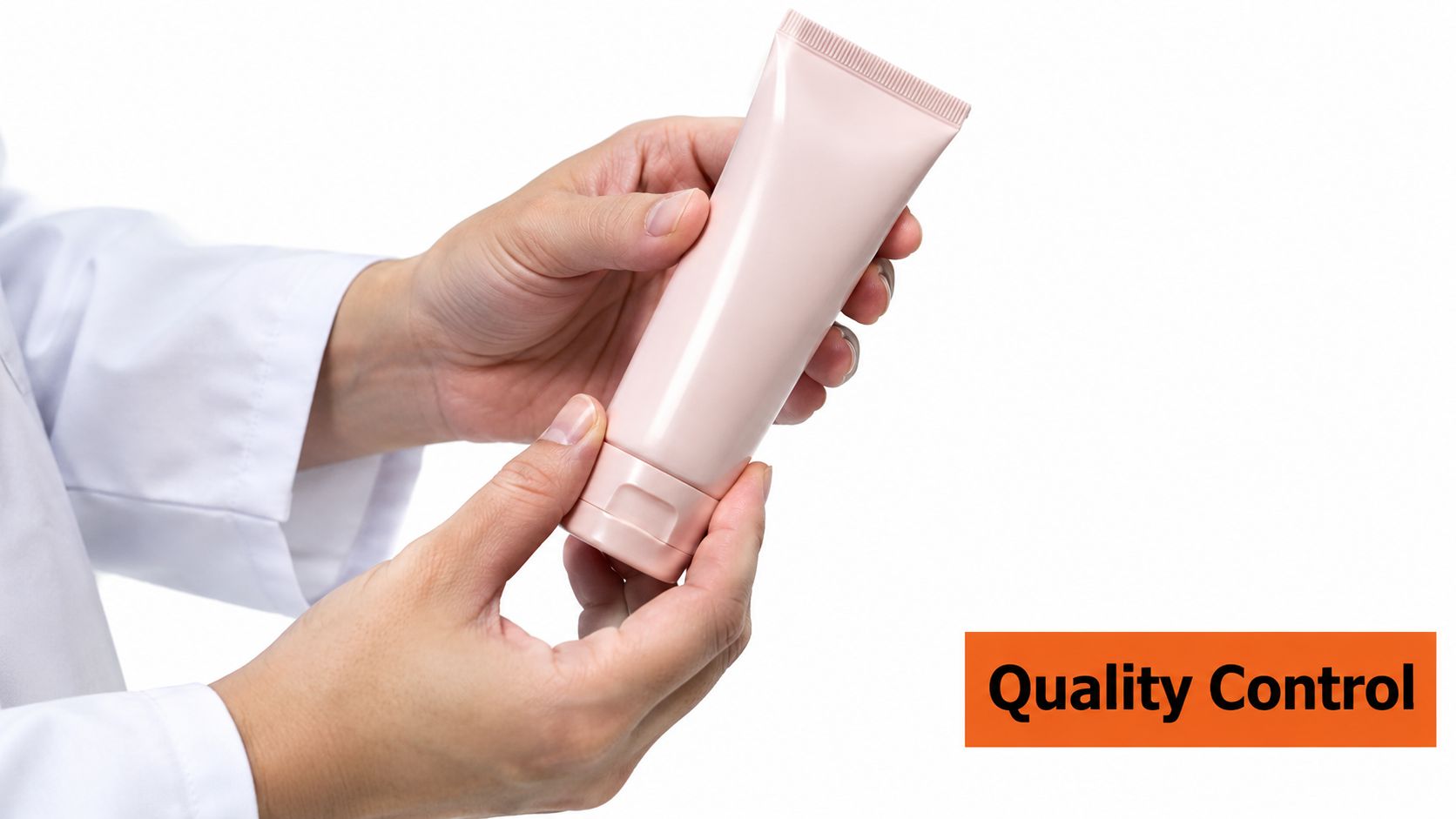 A person in a professional white lab coat inspecting a pink cosmetic cream tube for quality control.