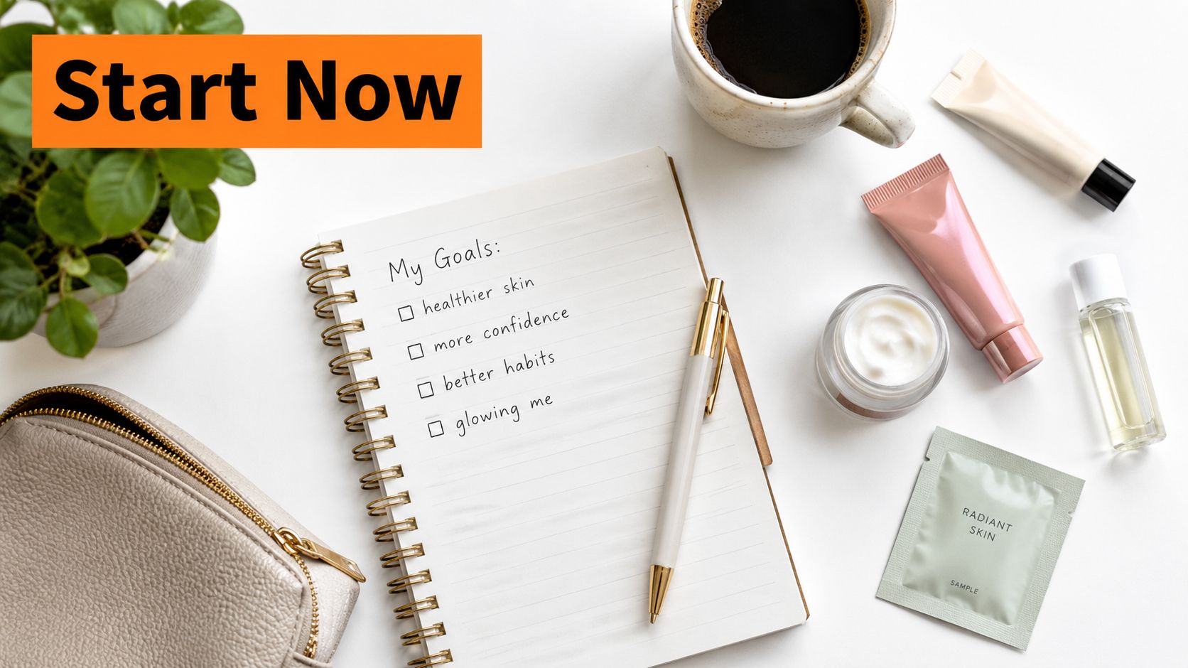 A flatlay of a notebook with personal goals, skincare products, a pen, and a makeup bag.