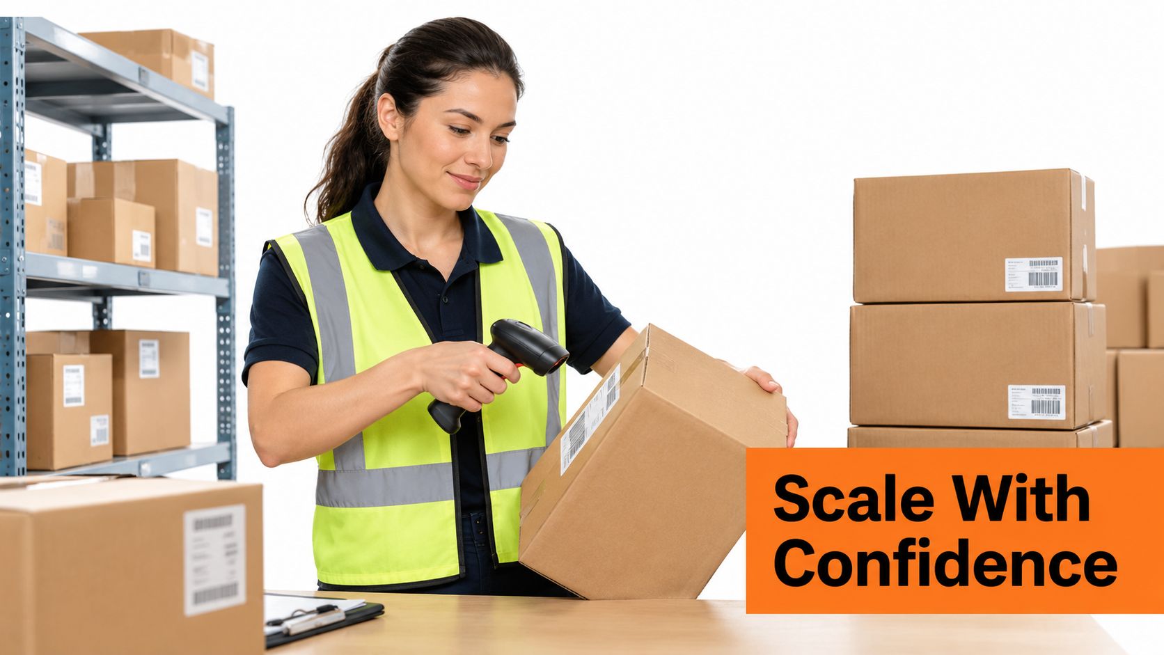 A female warehouse worker in a high-visibility vest scanning a package for e-commerce fulfillment operations.