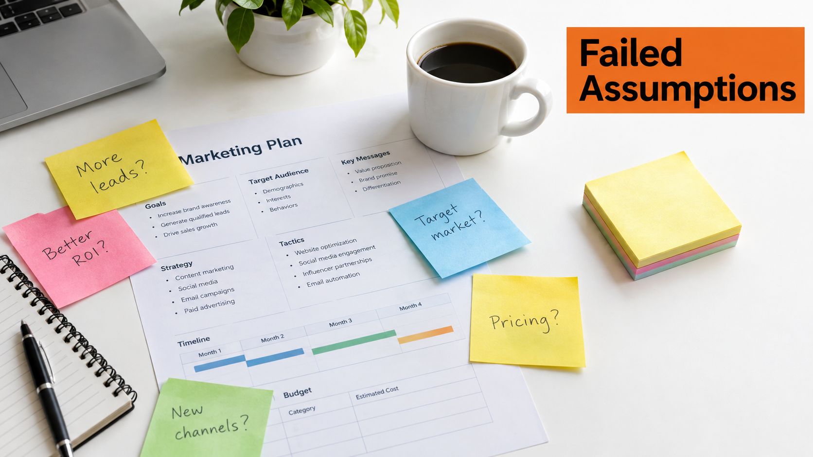 A marketing plan document on a desk with sticky notes questioning strategies, leads, and target market.